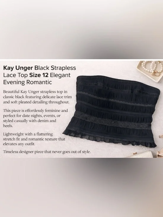 Kay Unger Black Strapless Lace Top Size 12 Elegant Evening Romantic - Picture 2 of 6